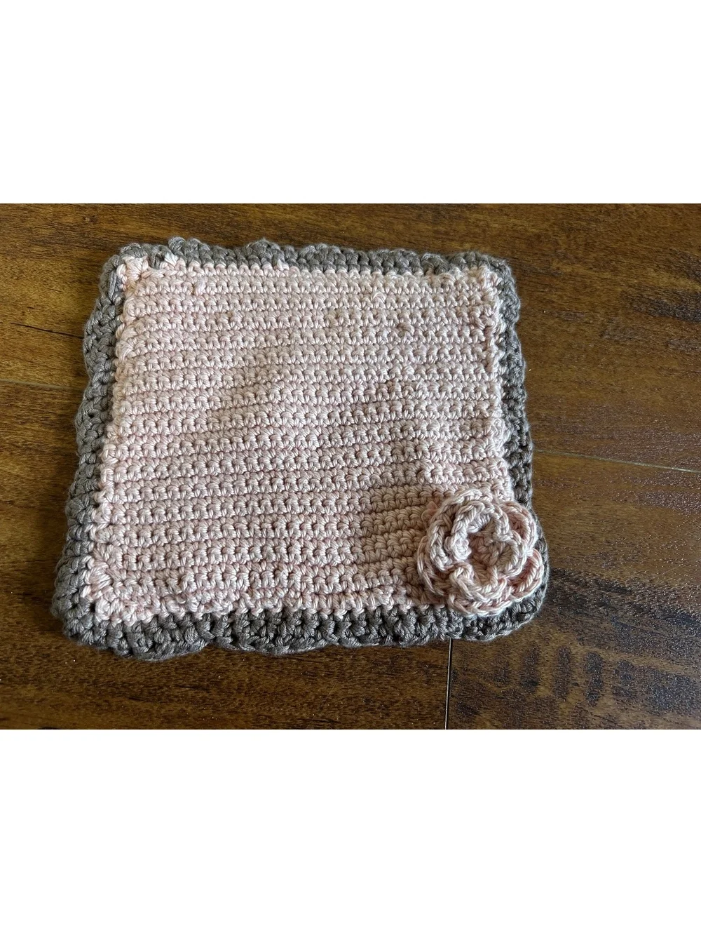 Handmade Crochet Pink and Taupe Square Coaster with Flower Accent